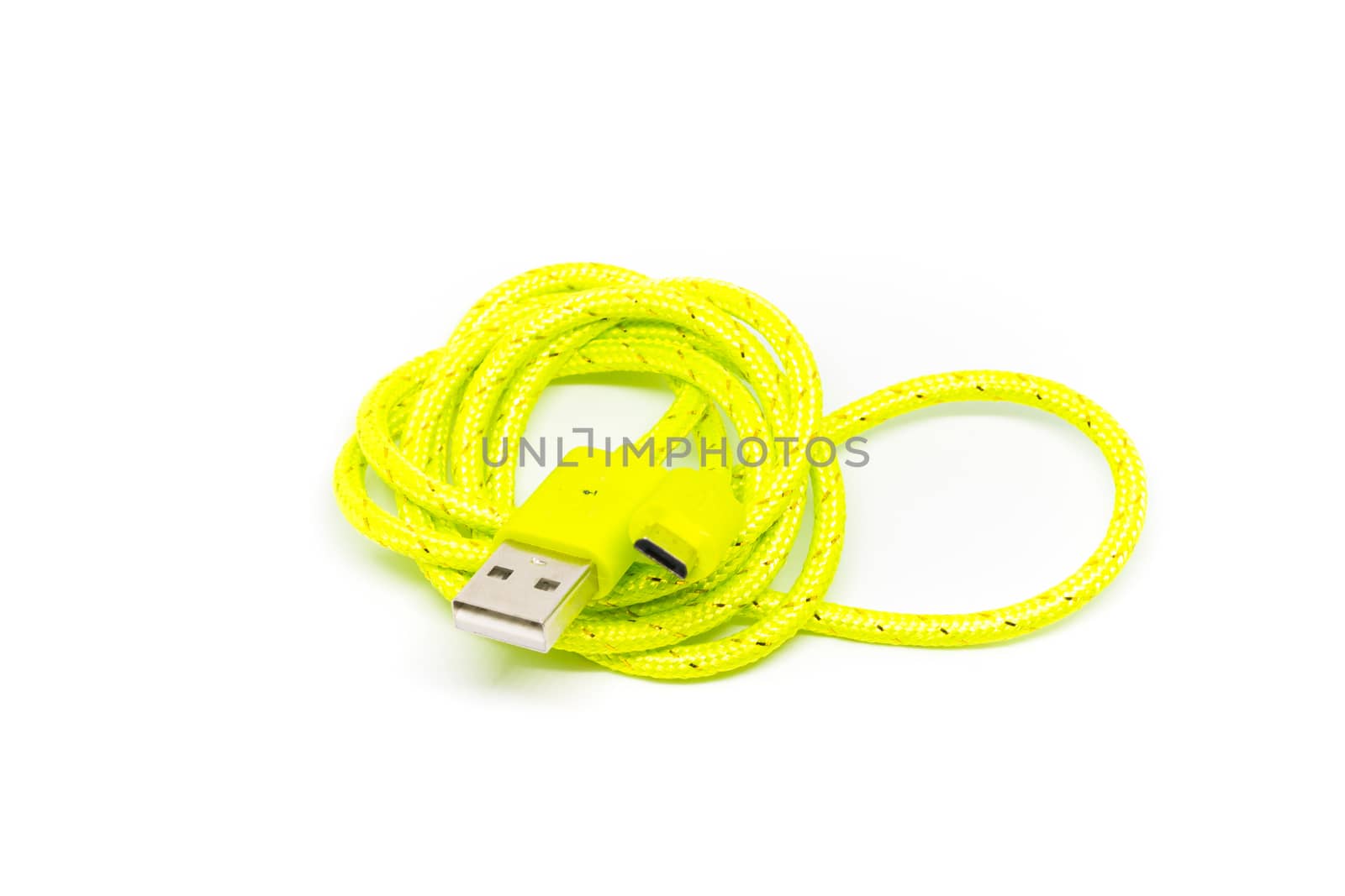 Portable micro USB charger for phone on white background ideal for travel item.