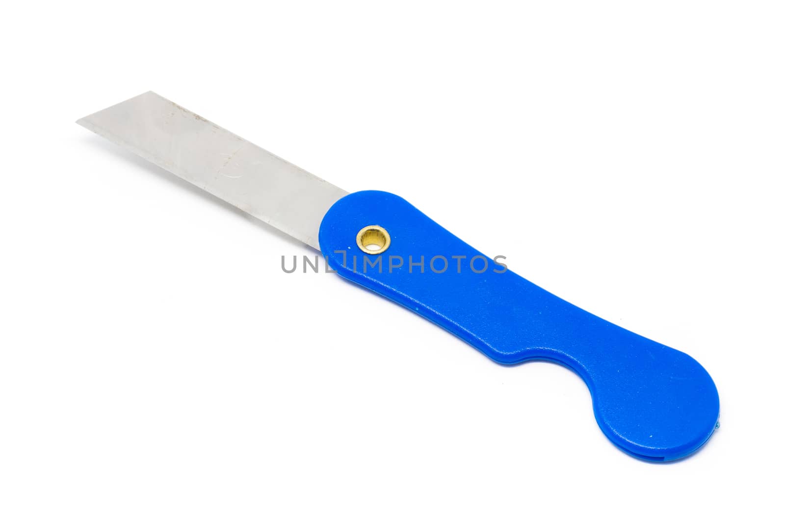 Steel knife pencil sharpener on white background.