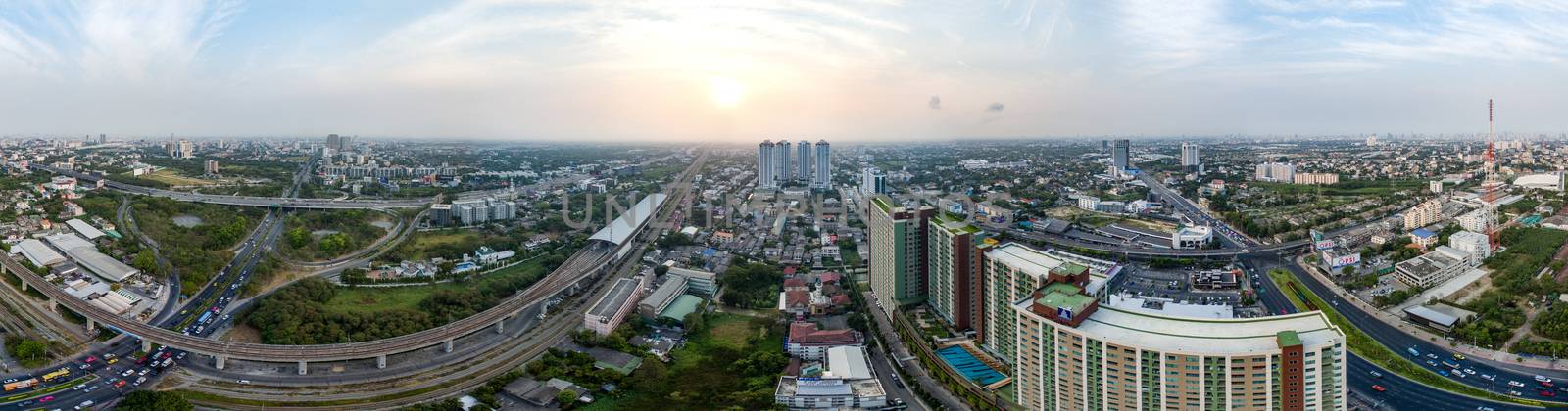 360° panorama Bangkok Motorway to Suvarnabhumi Airport, Srinakarin, Pattanakarn Aerial Photography