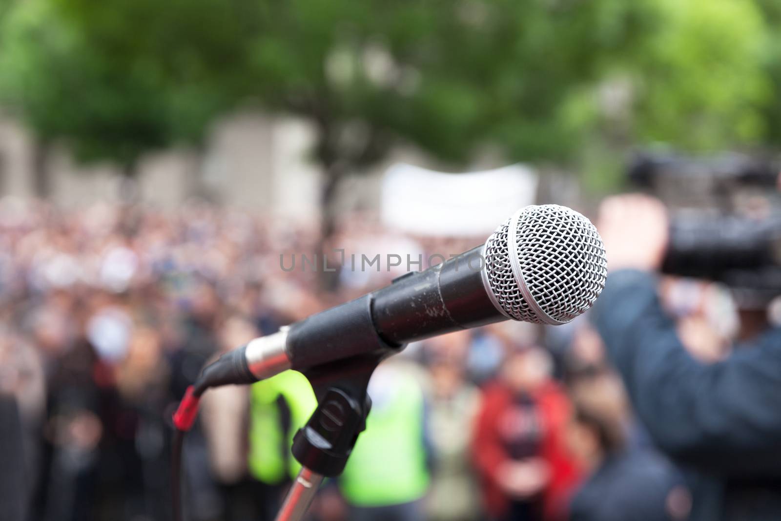 Microphone in focus against blurred crowd