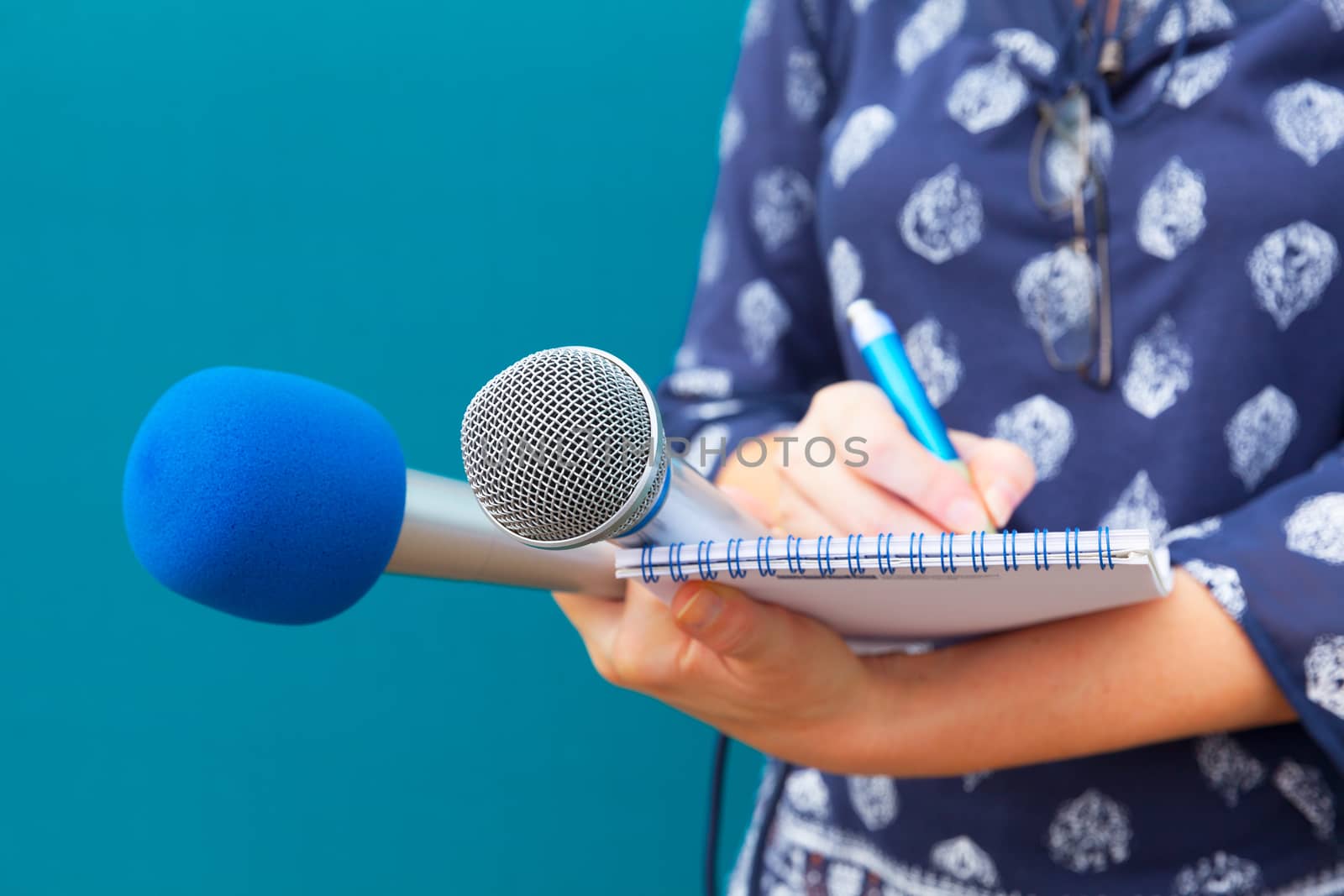 Female journalist taking notes at press conference by wellphoto