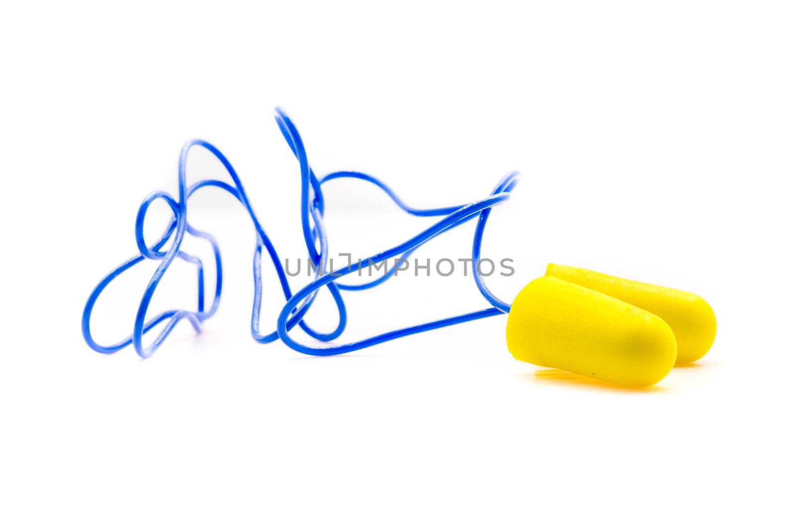 Yellow earplugs with blue band on white background.