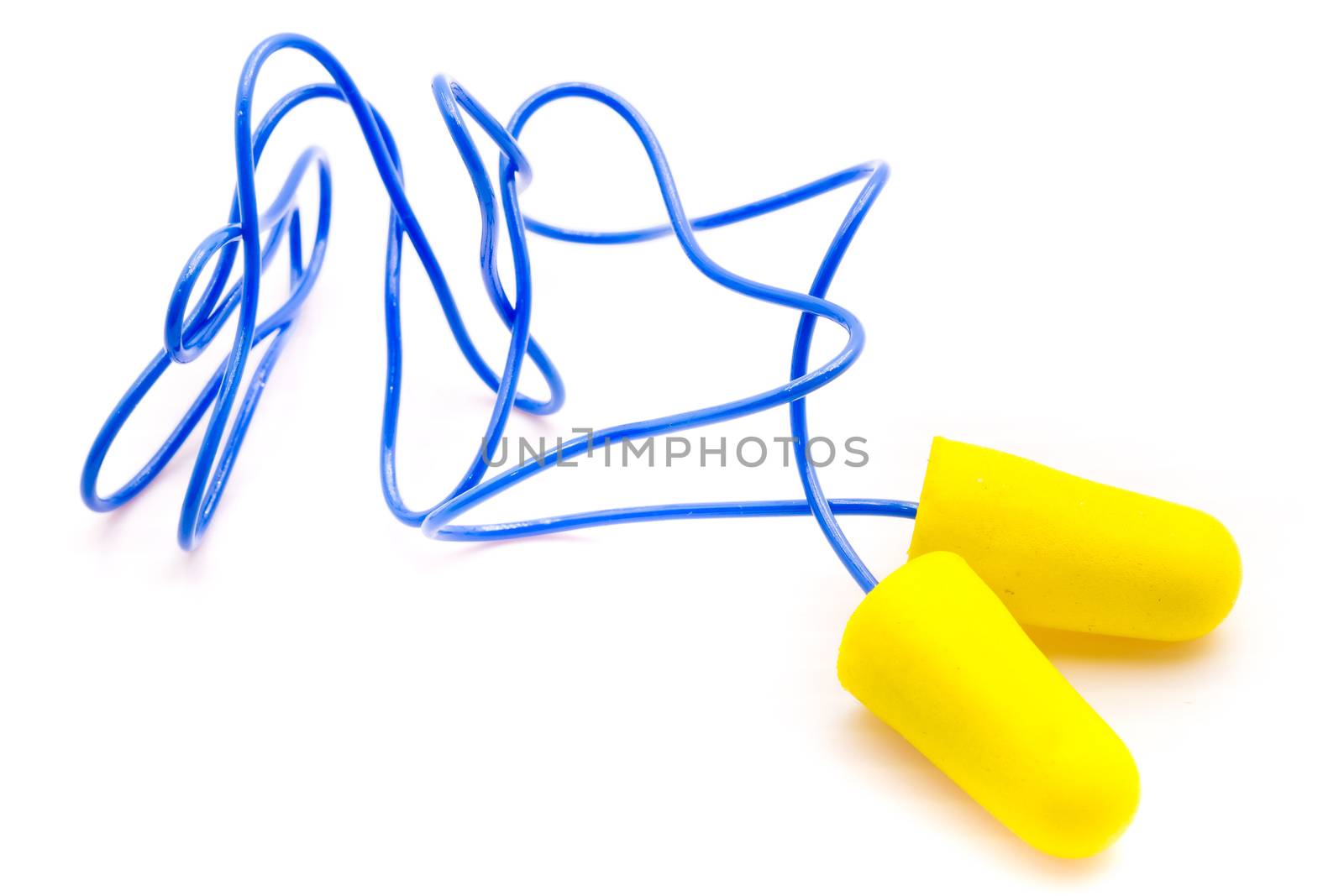 Yellow earplugs with blue band on white background.