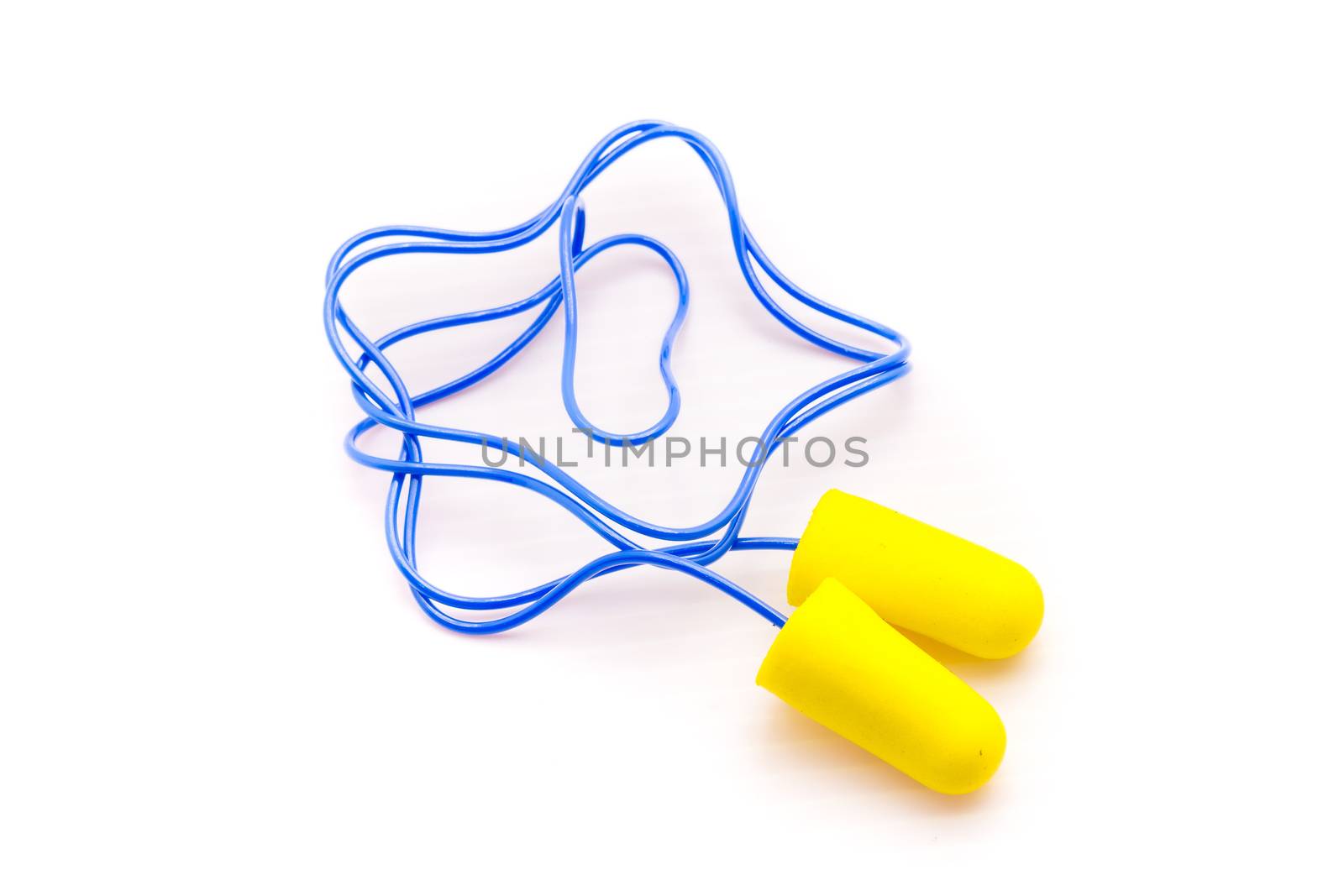 Yellow earplugs with blue band on white background.