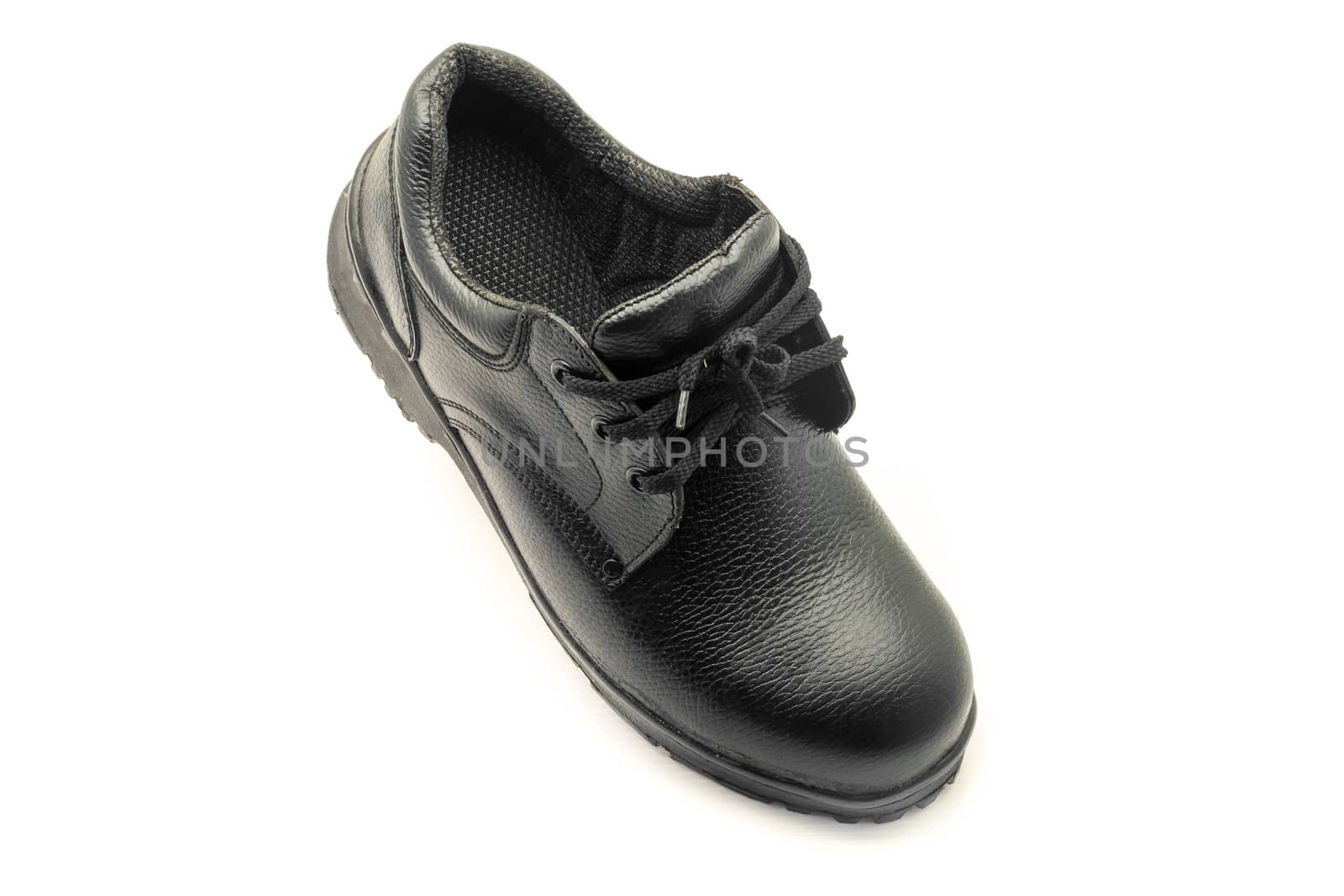 Protective workwear black safety shoes on white background.