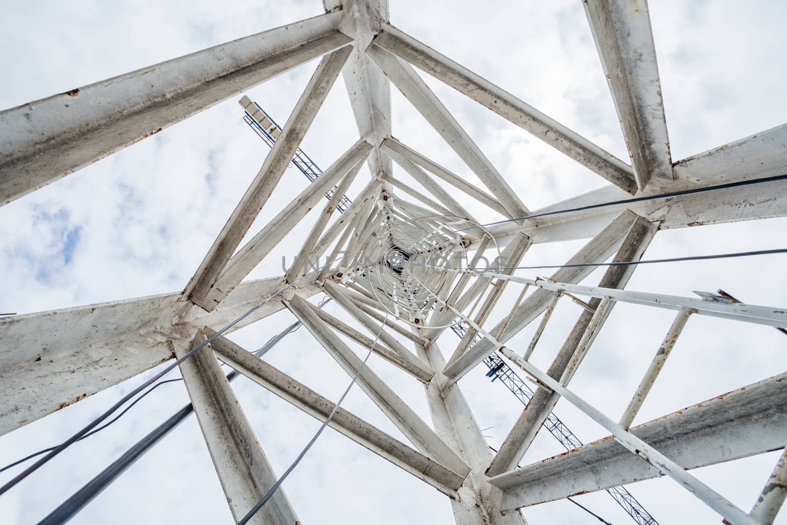 construction tower crane upward view in the construction site