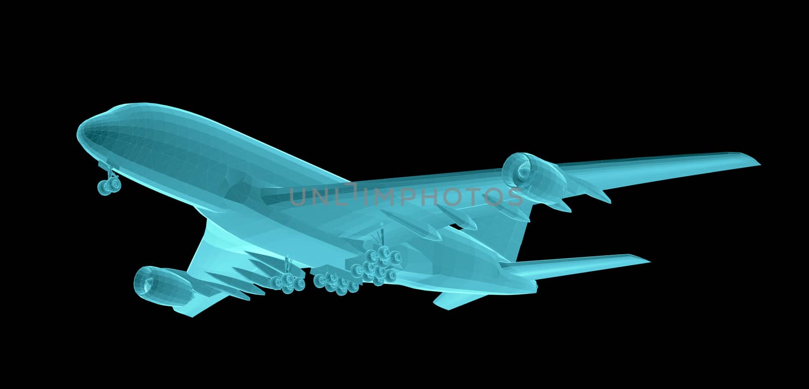 Airplane. Xray image isolated on black. 3d illustration