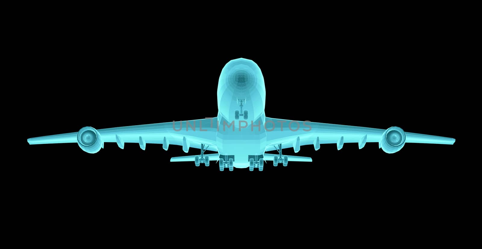 Airplane. Xray image isolated on black. 3d illustration