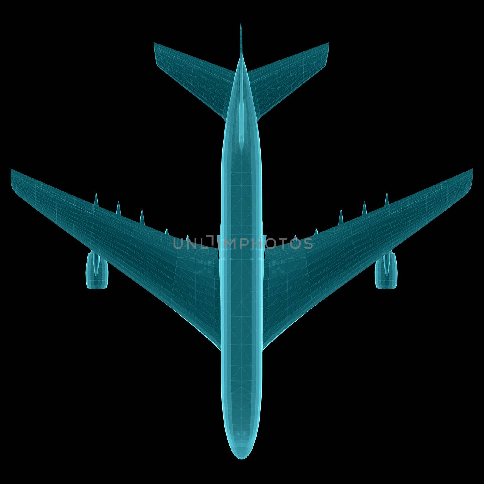 Airplane. Xray image isolated on black. 3d illustration