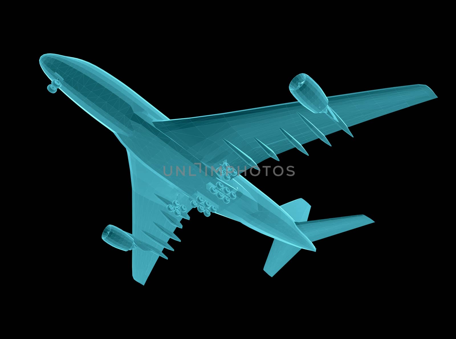 Airplane. Xray image isolated on black. 3d illustration