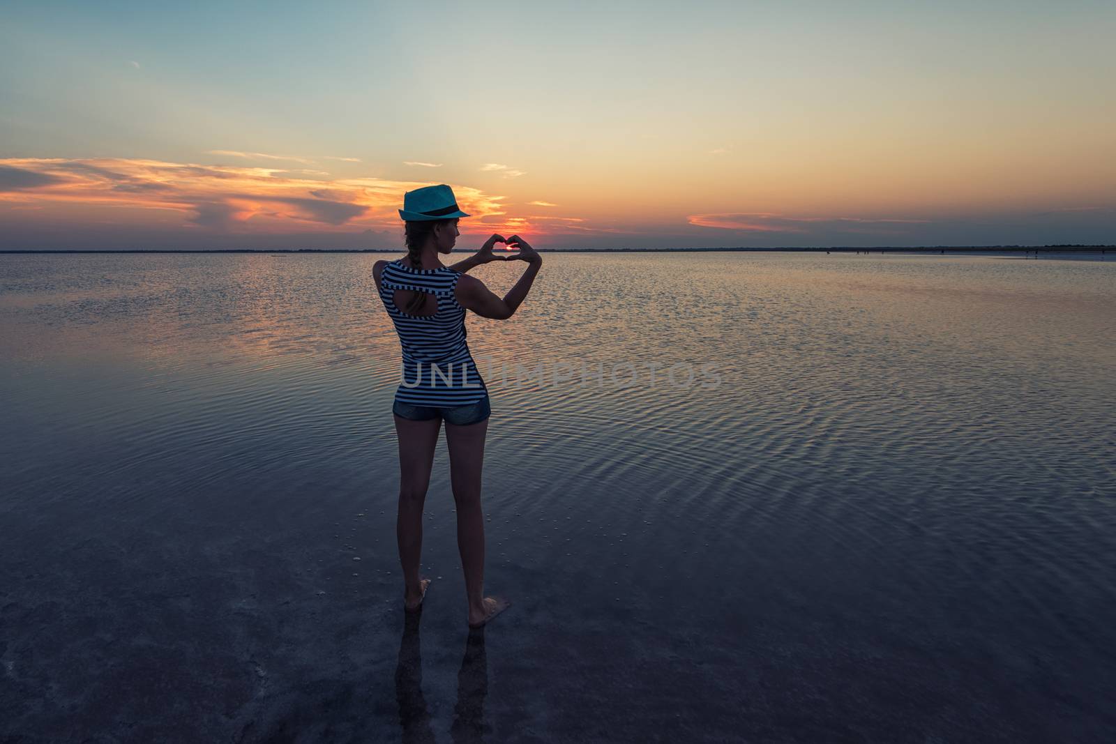 Beauty sunset on salty lake in Altay, Siberia, Russia