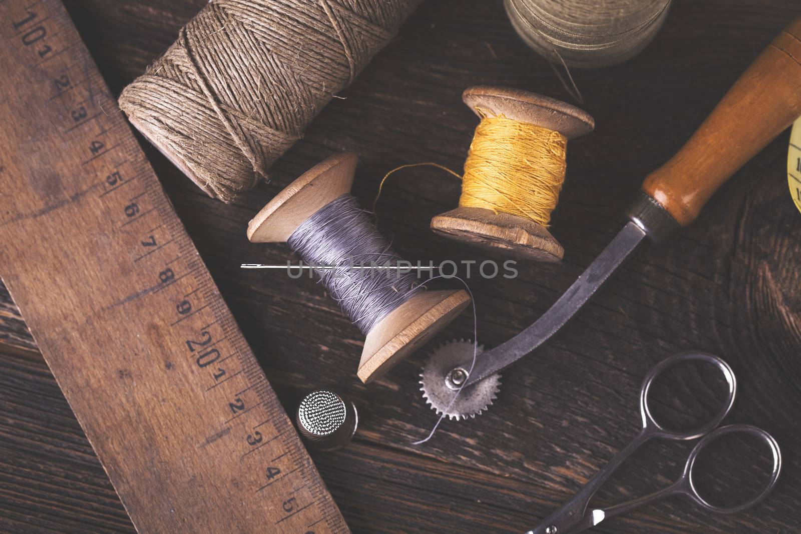 Sewing instruments, threads, needles in vintaae style by fikmik