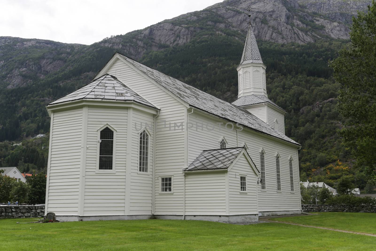 The old white church with tower in Odda