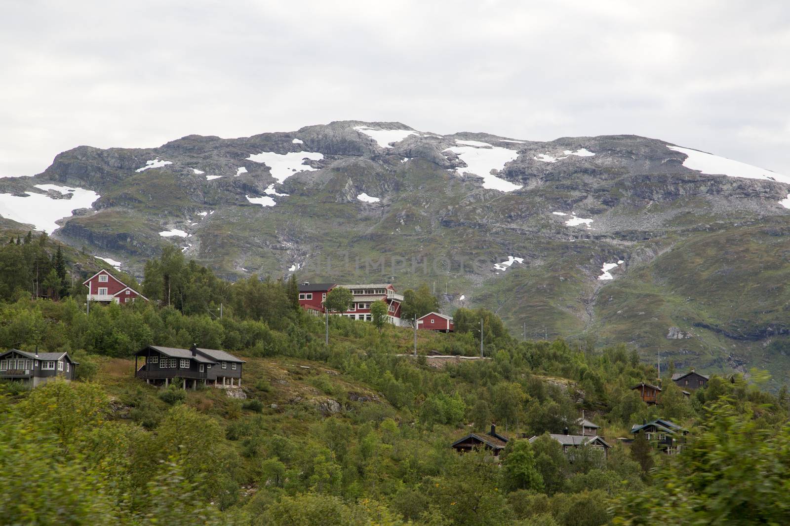 Varied landscape during the train trip of the Flamsbana way from Flam to Myrdal, Norway.