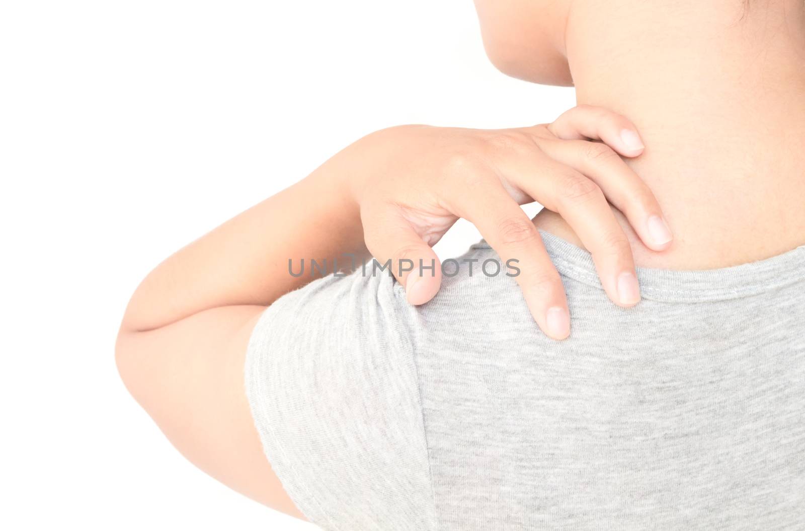 Woman Itching on shoulder or neck pain  with white background for healthy concept