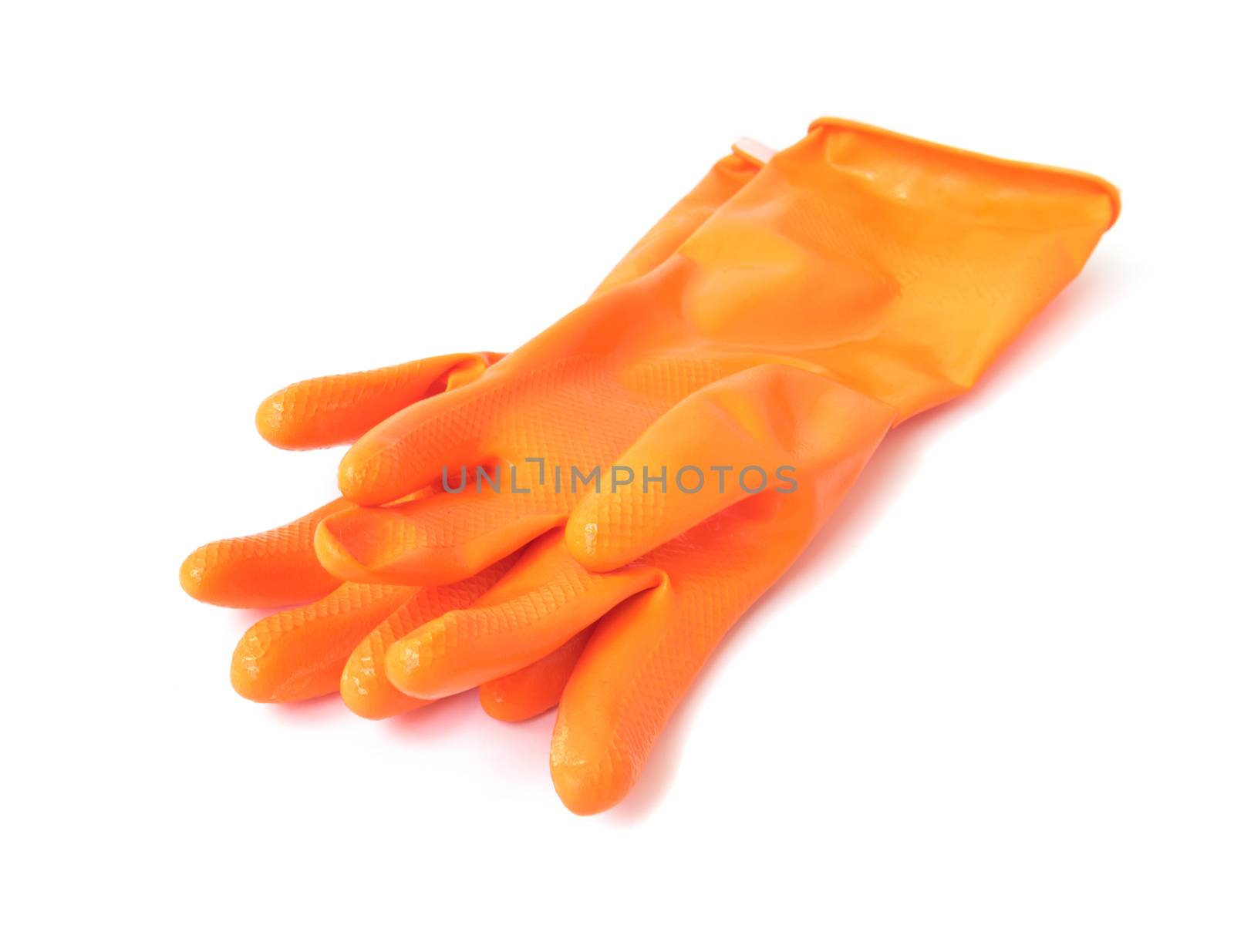 Orange color rubber gloves for cleaning on white background, hou by pt.pongsak@gmail.com
