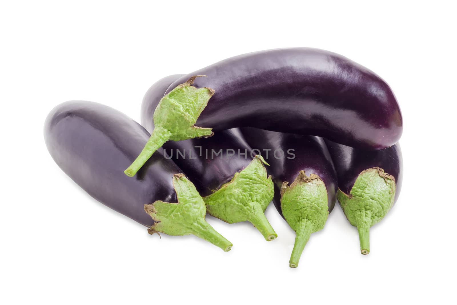 Pile of the fresh purple eggplants on a white background

