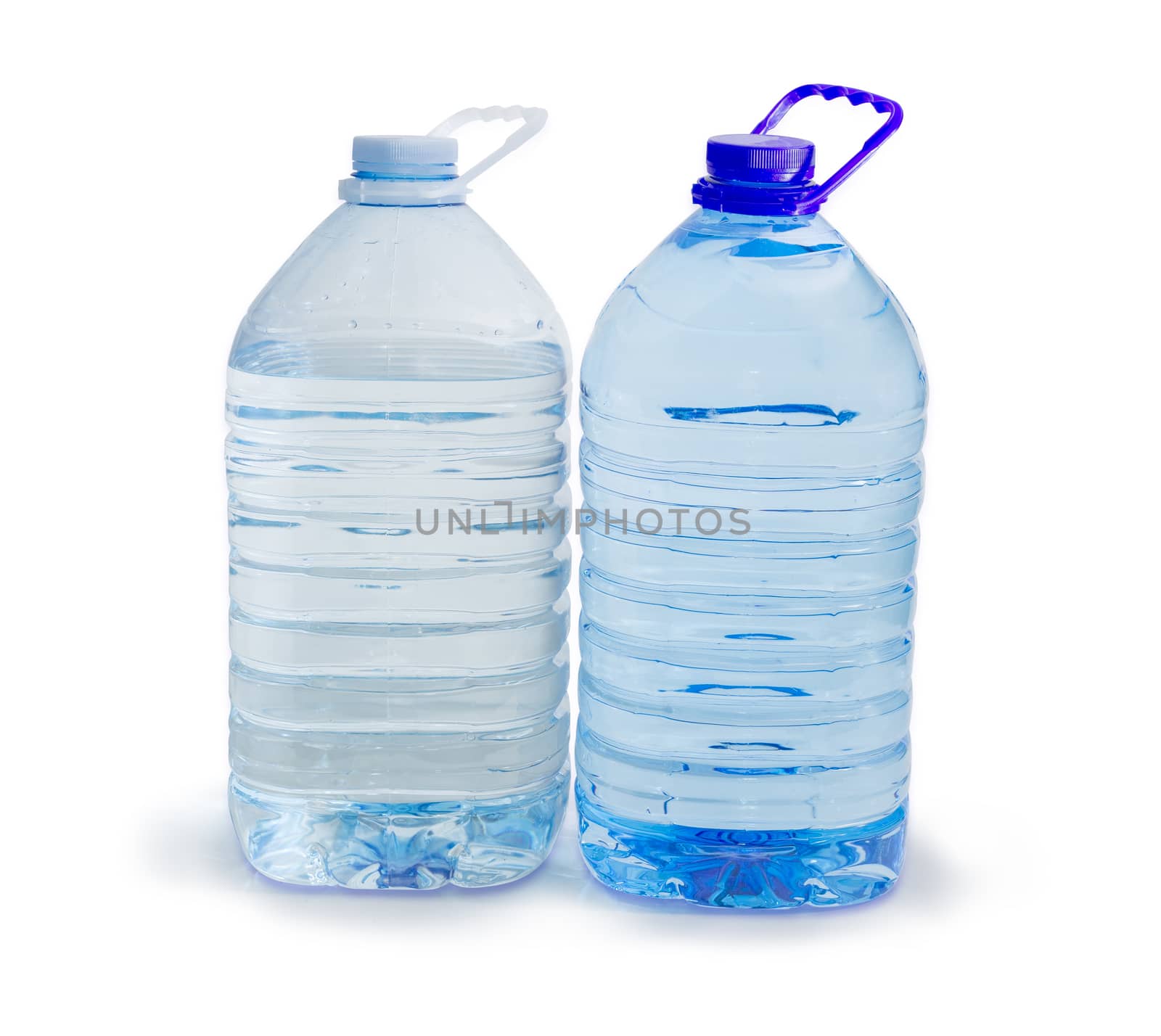 One blue and one white large transparent plastic bottles with carrying handles with drinking water on a white background
