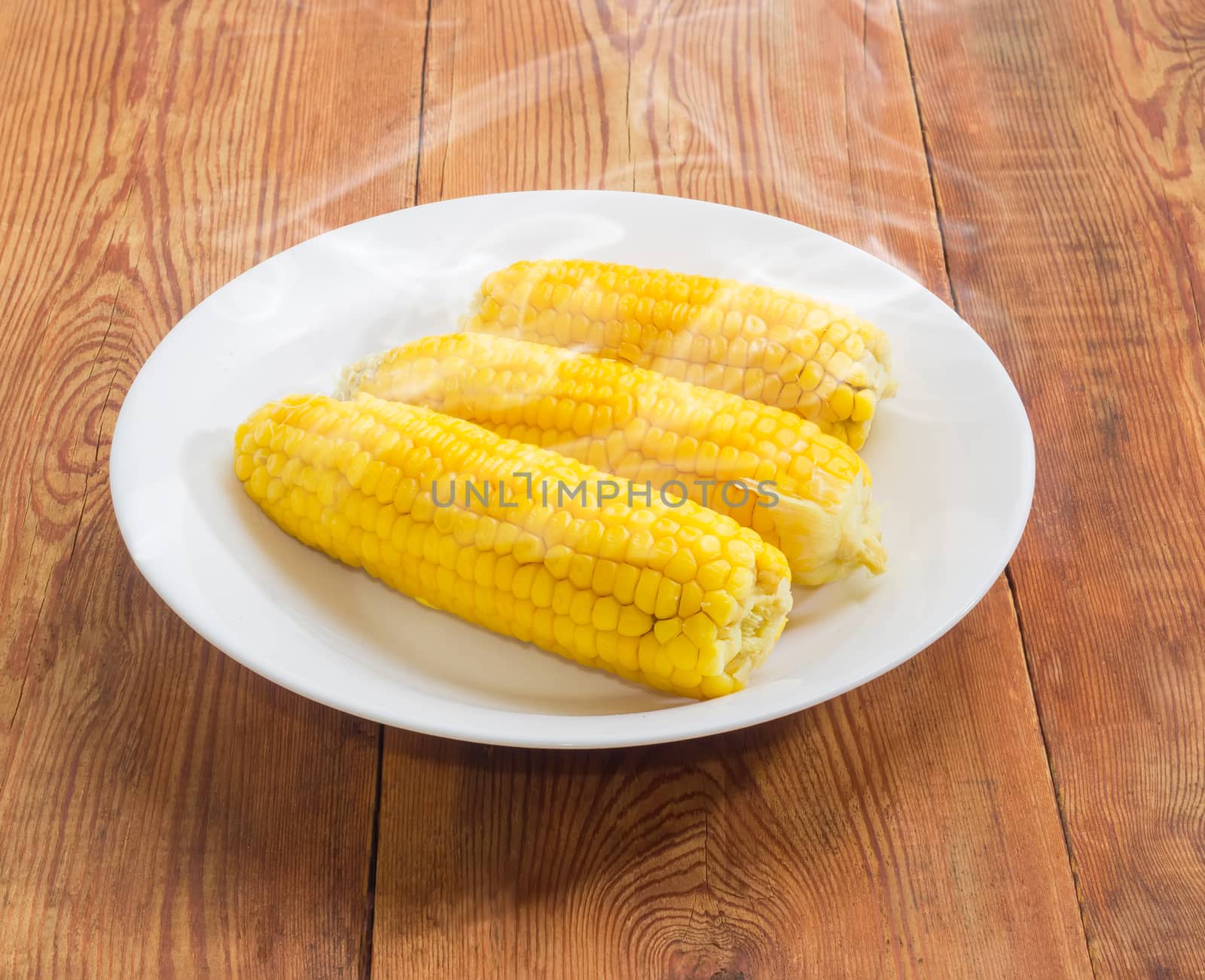 Three freshly boiled whole ears of sweet corn on a white dish on an old wooden surface
