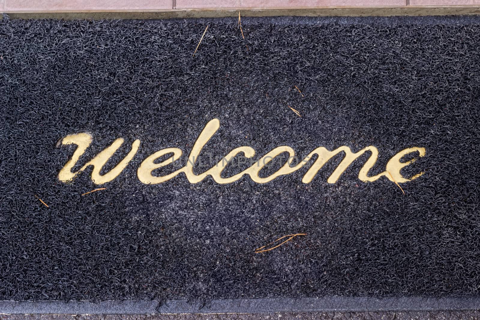 Old wet shabby doormat with the word welcome and with pine needles stuck in it on a porch

