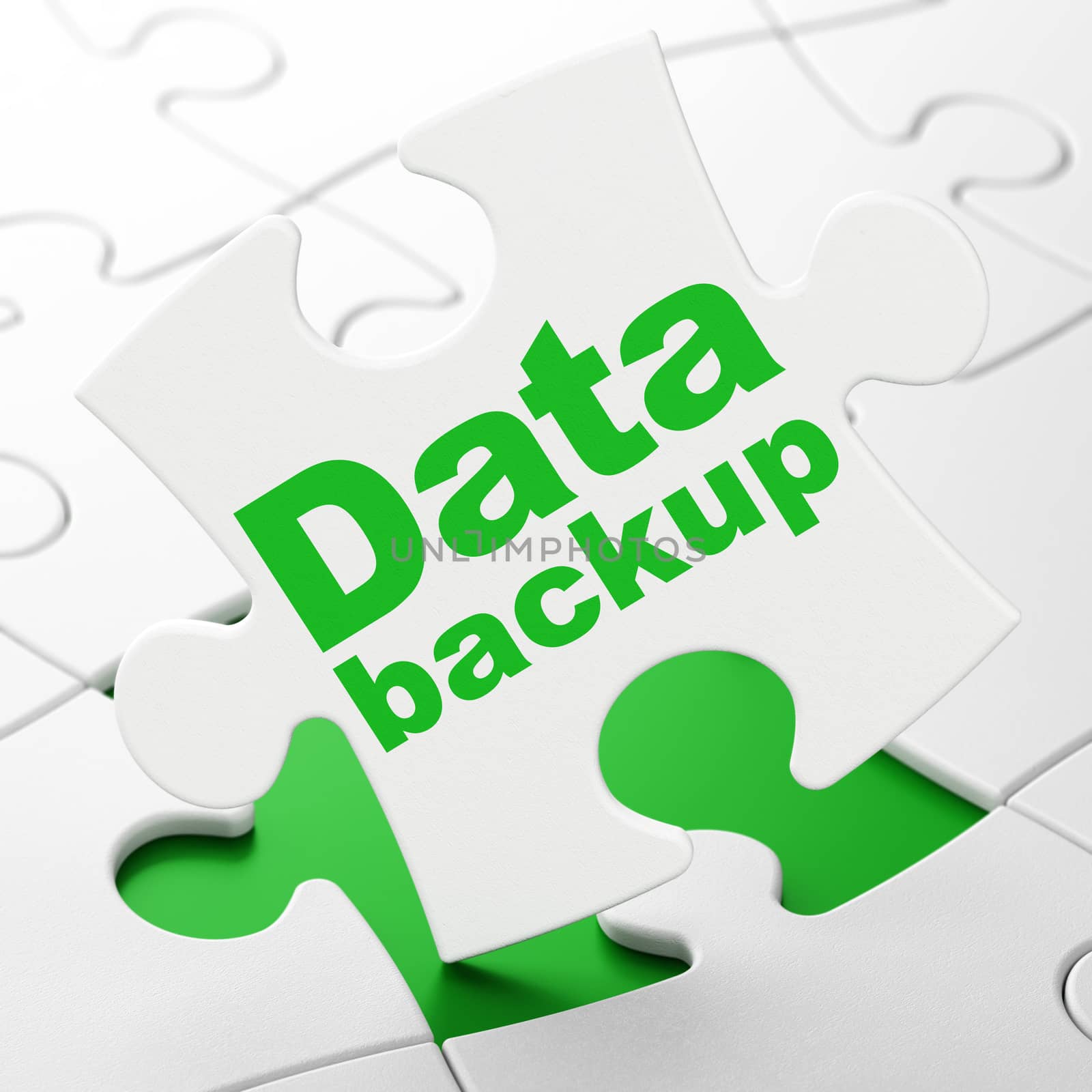 Information concept: Data Backup on White puzzle pieces background, 3D rendering