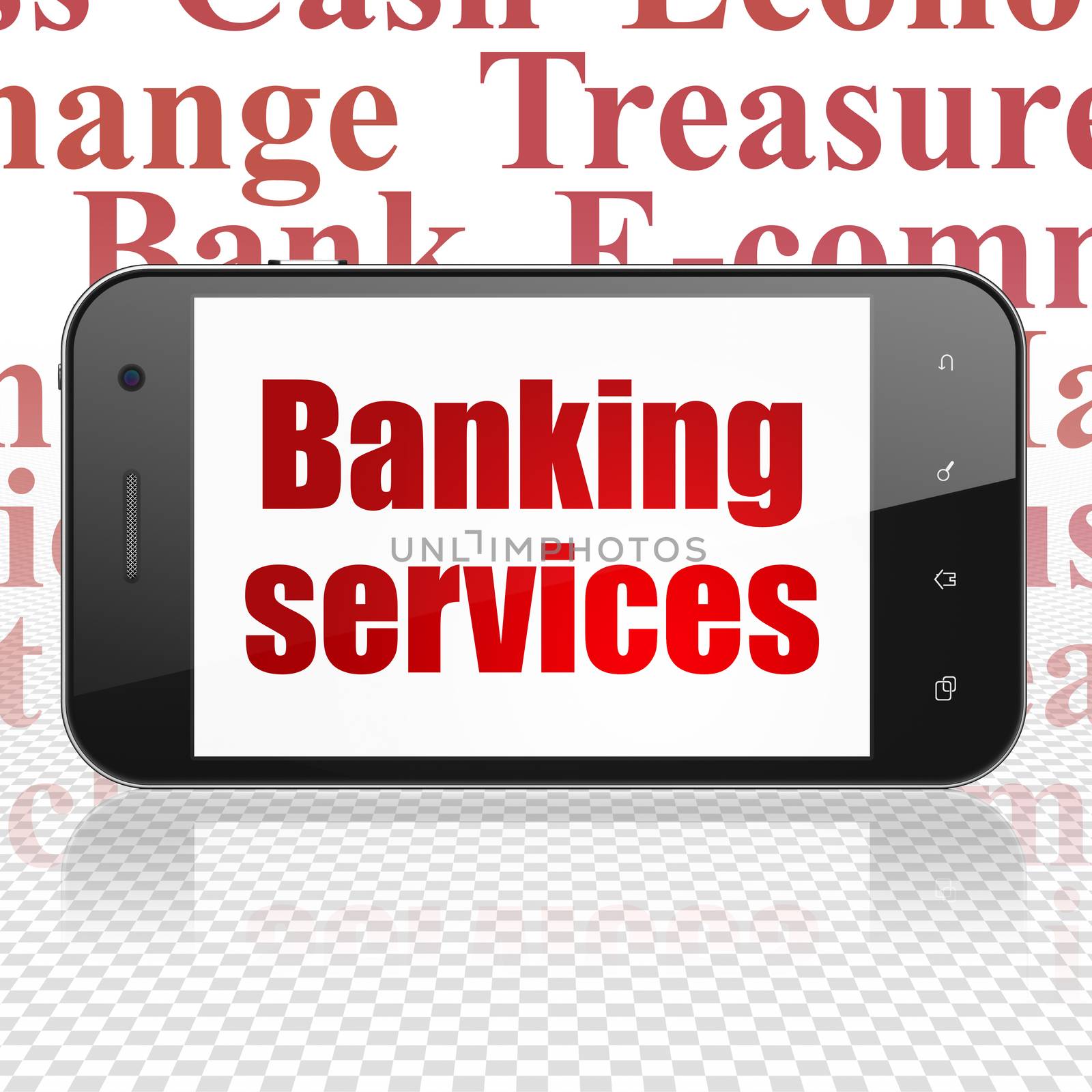 Banking concept: Smartphone with  red text Banking Services on display,  Tag Cloud background, 3D rendering