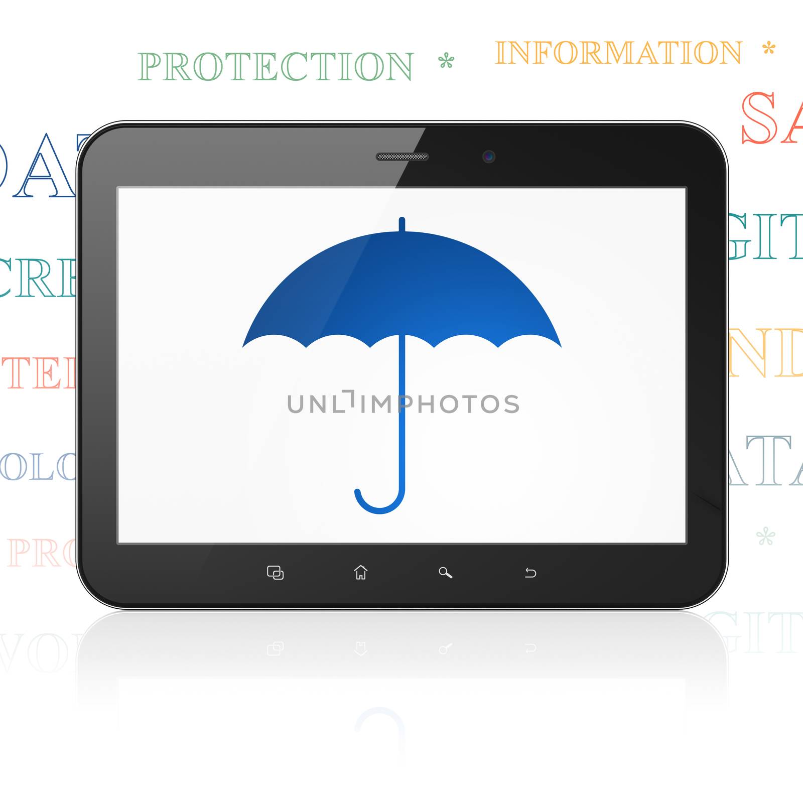 Protection concept: Tablet Computer with  blue Umbrella icon on display,  Tag Cloud background, 3D rendering