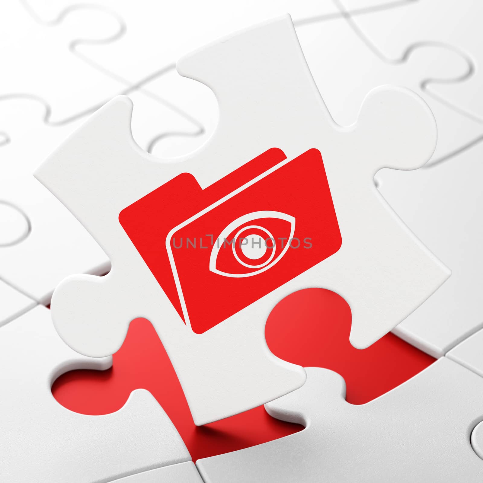 Business concept: Folder With Eye on White puzzle pieces background, 3D rendering