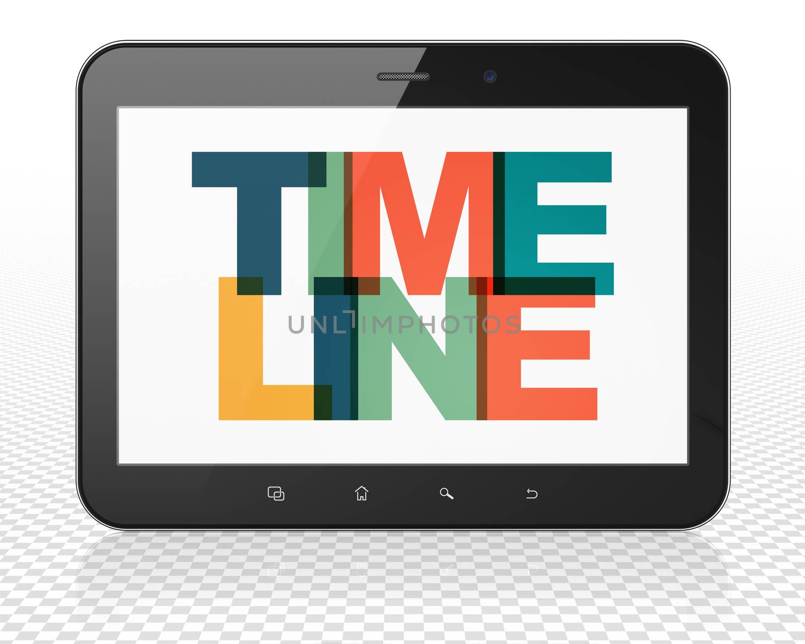 Timeline concept: Tablet Pc Computer with Painted multicolor text Timeline on display, 3D rendering