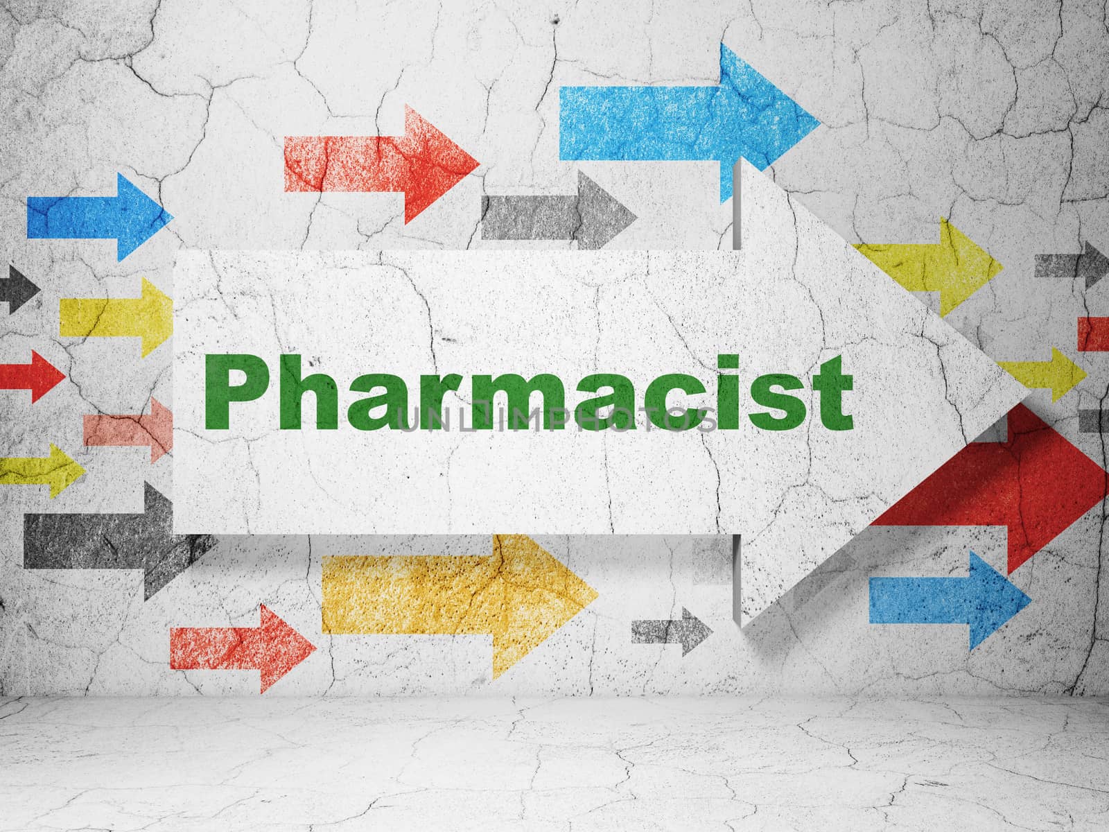 Healthcare concept:  arrow with Pharmacist on grunge textured concrete wall background, 3D rendering