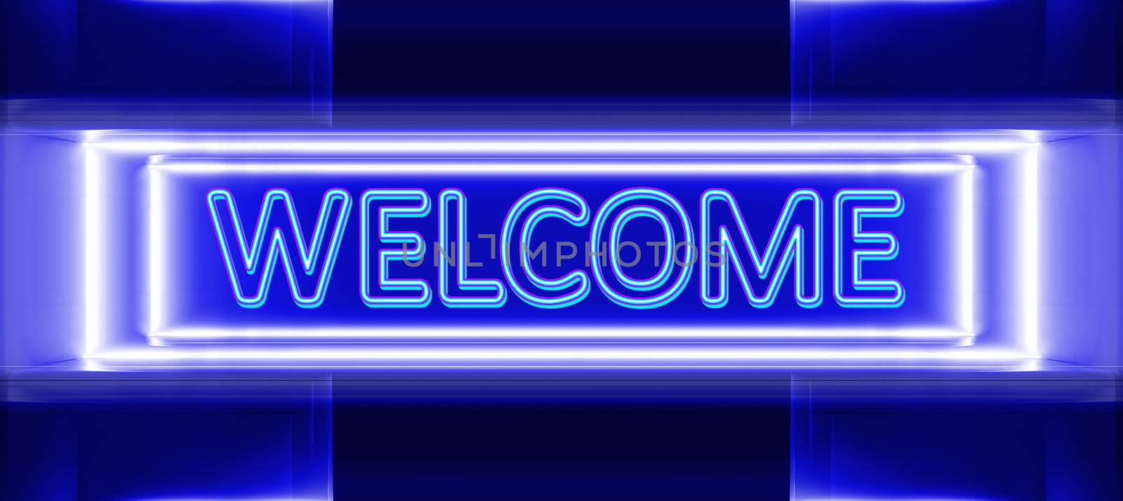 highly technological design of the neon sign of welcome