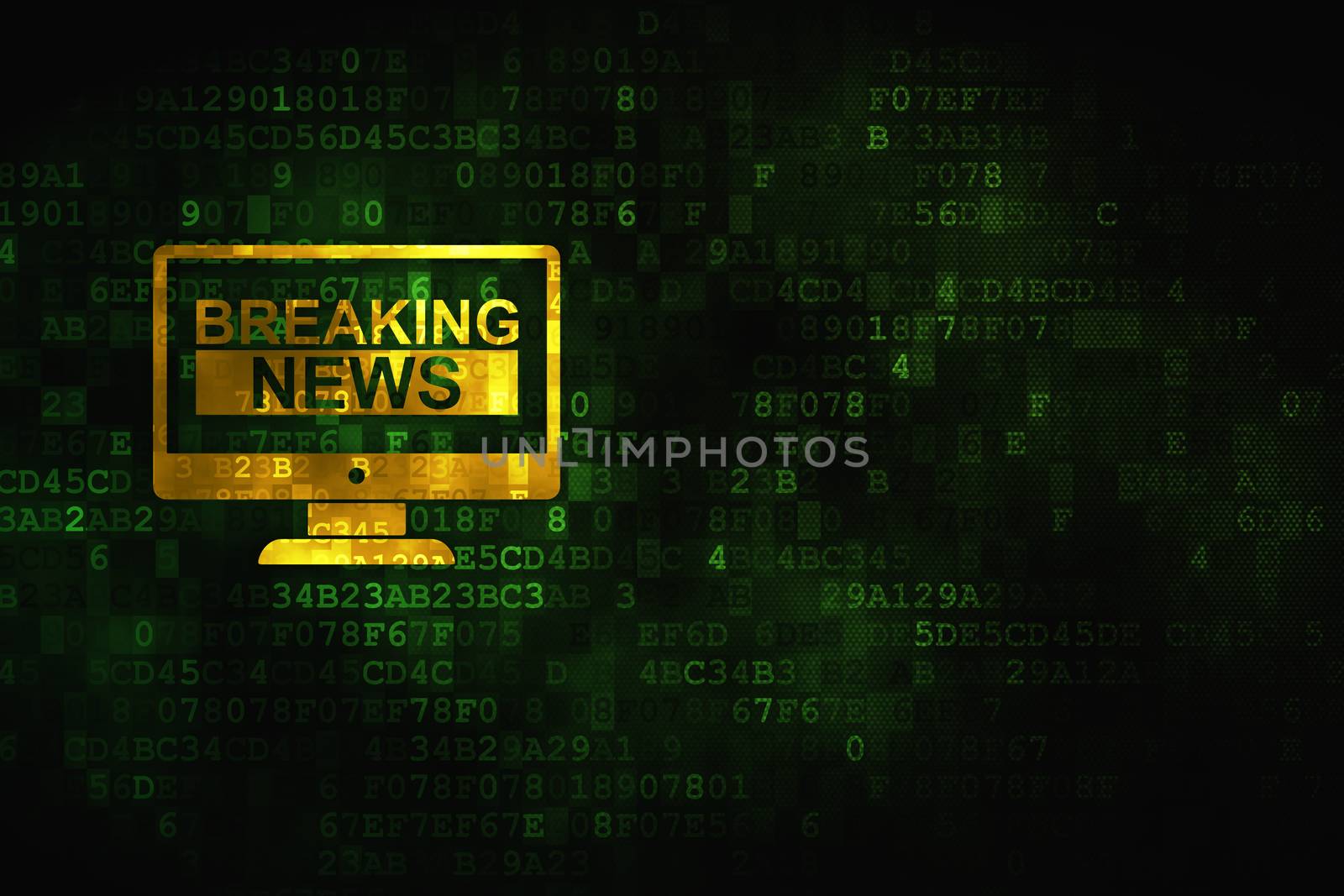 News concept: pixelated Breaking News On Screen icon on digital background, empty copyspace for card, text, advertising