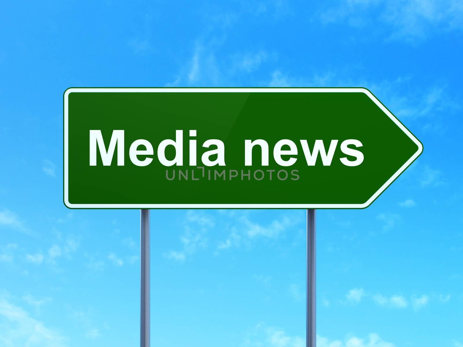 News concept: Media News on green road highway sign, clear blue sky background, 3D rendering