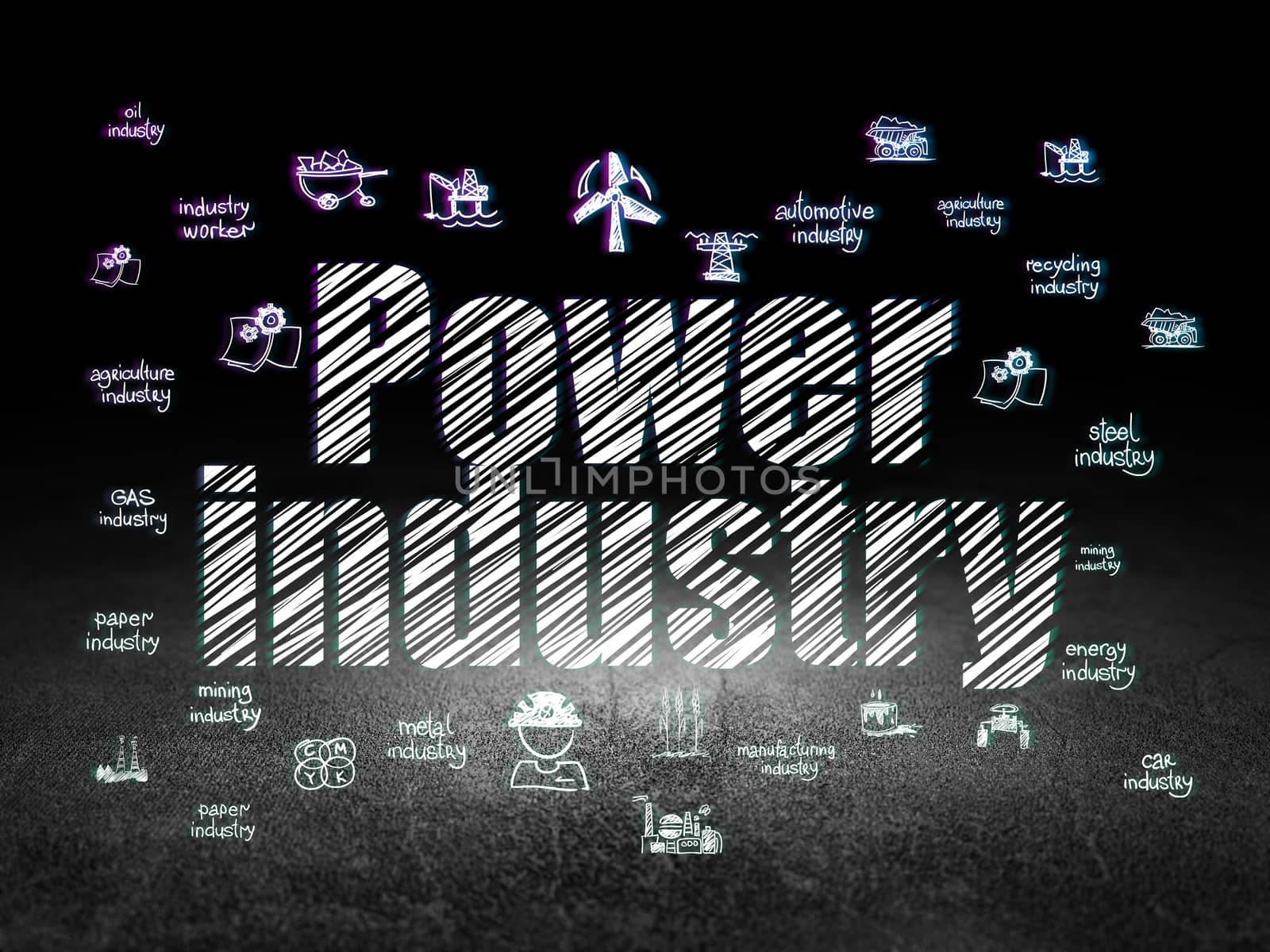 Industry concept: Glowing text Power Industry,  Hand Drawn Industry Icons in grunge dark room with Dirty Floor, black background