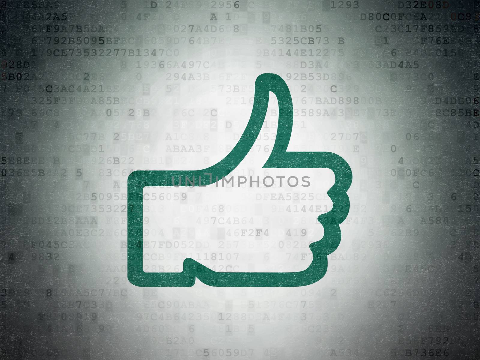 Social network concept: Painted green Thumb Up icon on Digital Data Paper background
