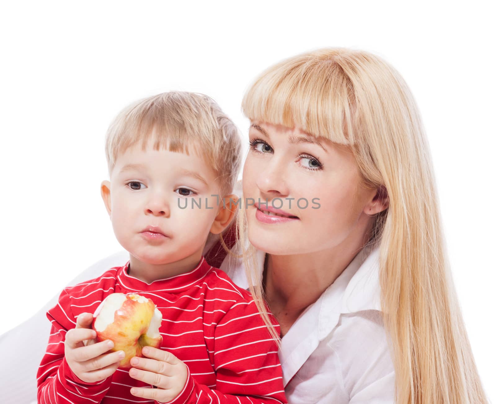 Healthy nutrition mother and son together isolated