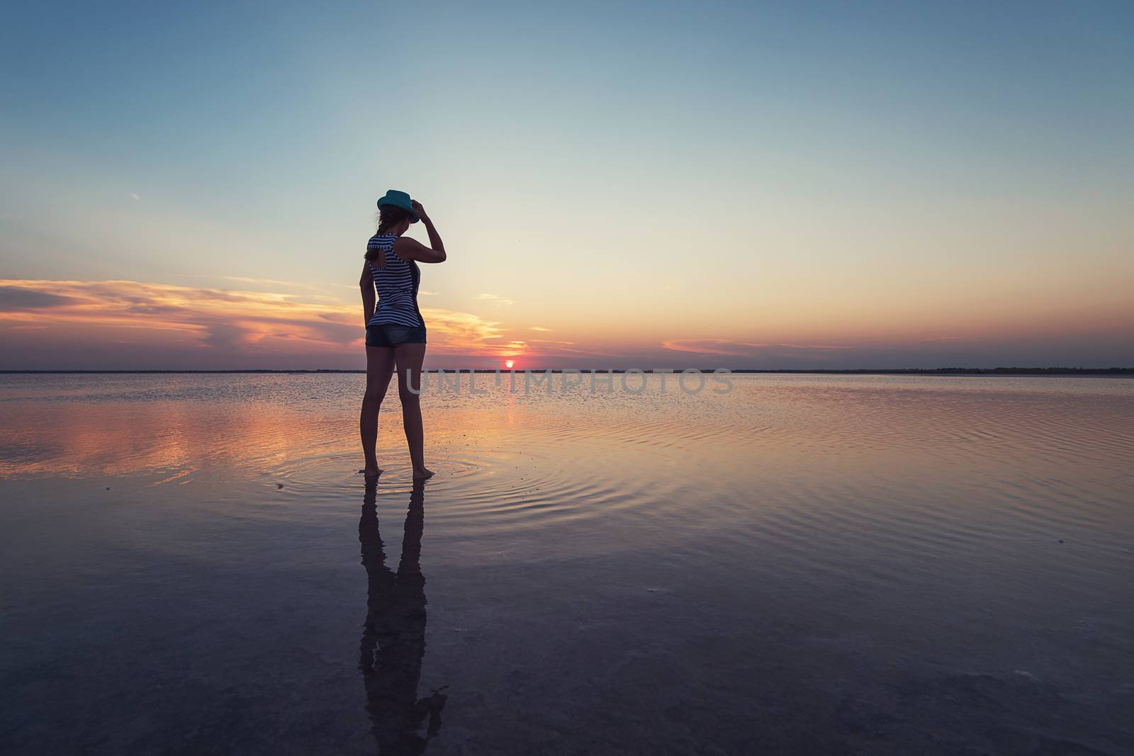 Beauty sunset on salty lake in Altay, Siberia, Russia