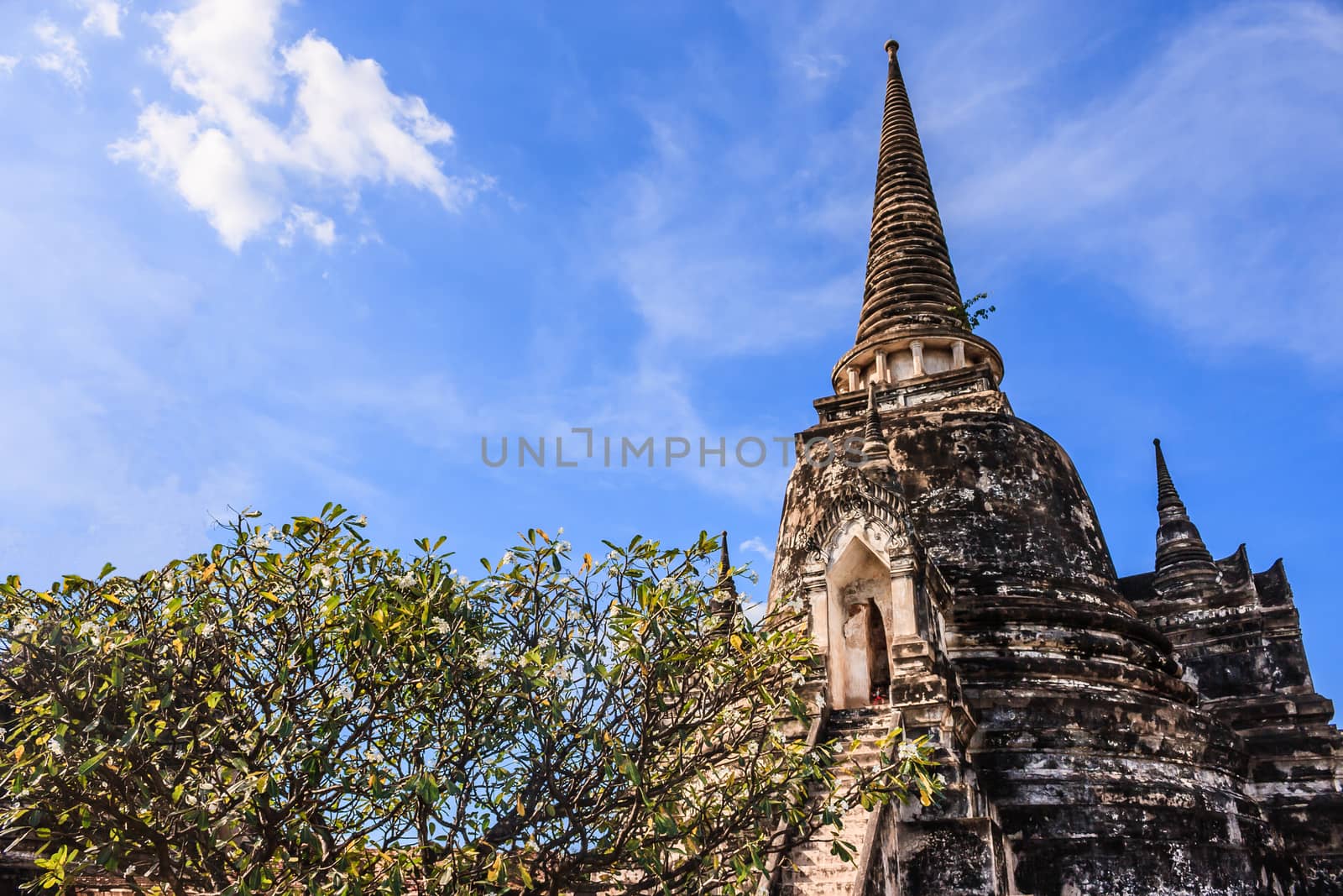 View of asian religious architecture ancient Pagodas in Wat Phra Sri Sanphet Historical Park, Ayuthaya province, Thailand, Southeast Asia. Thailand's top historic landmark, attraction and destination