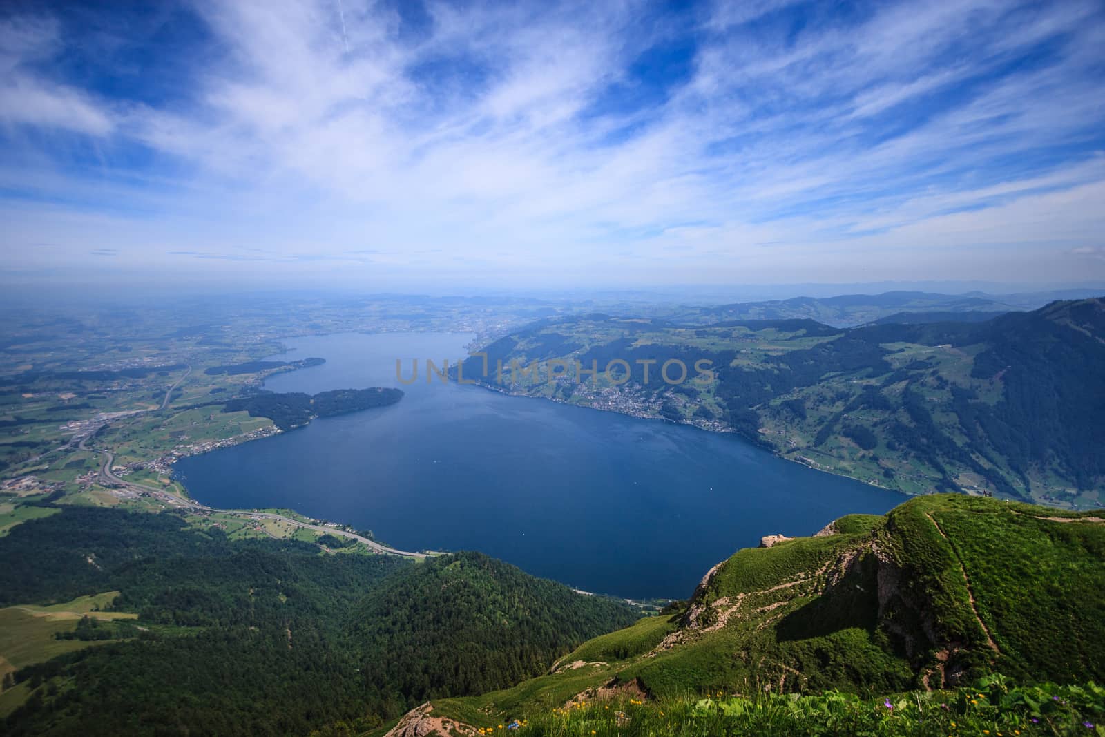 Panoramic Landscape View of Lake Lucerne and mountain ranges from Rigi Kulm viewpoint, Lucerne, Switzerland, Europe.