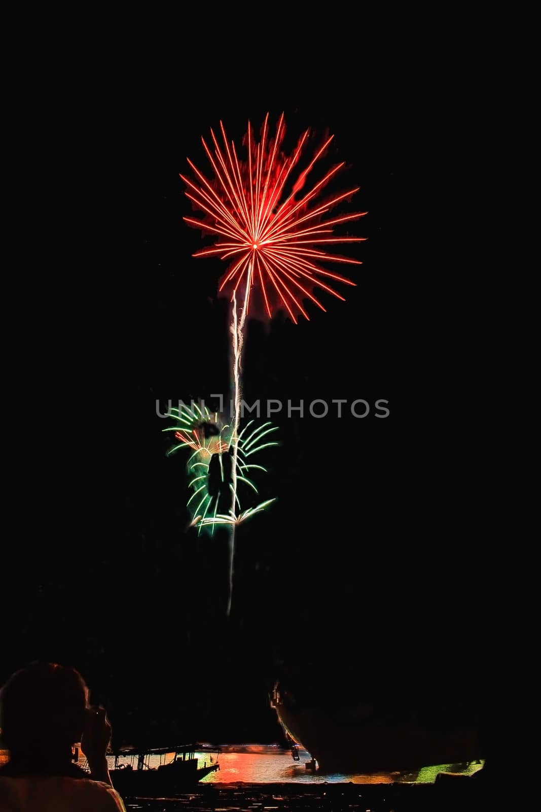 Real Fireworks, Flowers Pattern with person and reflection on the foreground