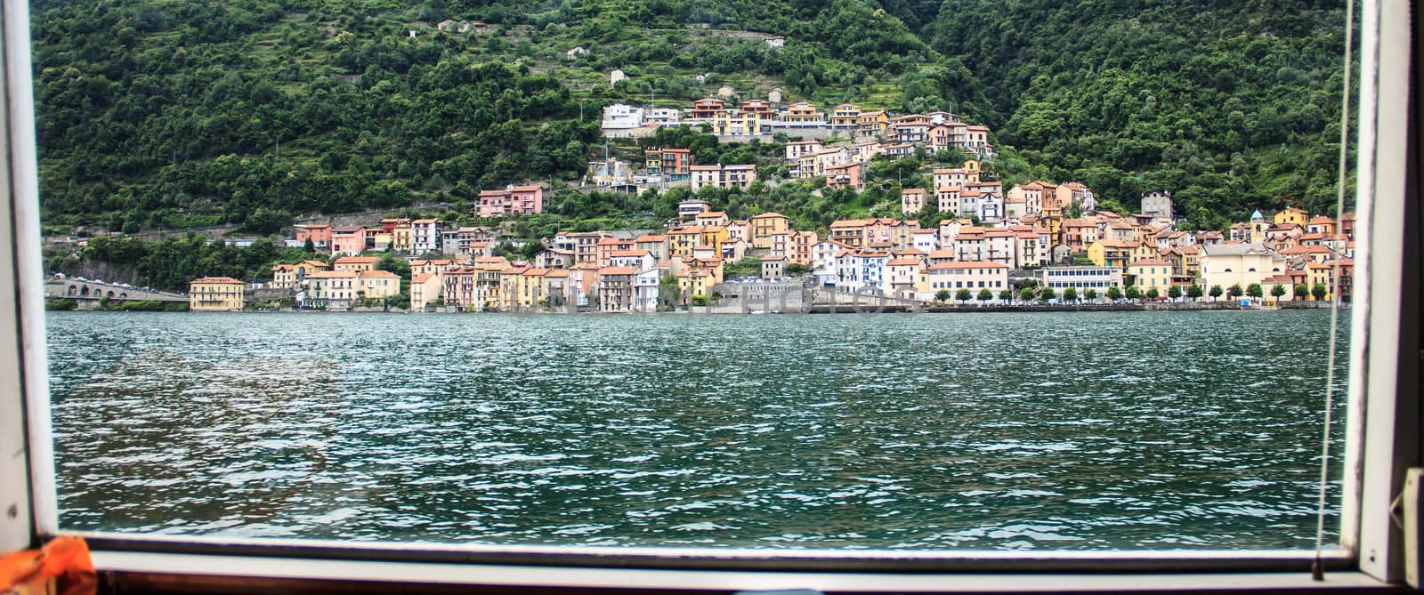 Panoramic View of the village on the boat in Lake Como, Italy