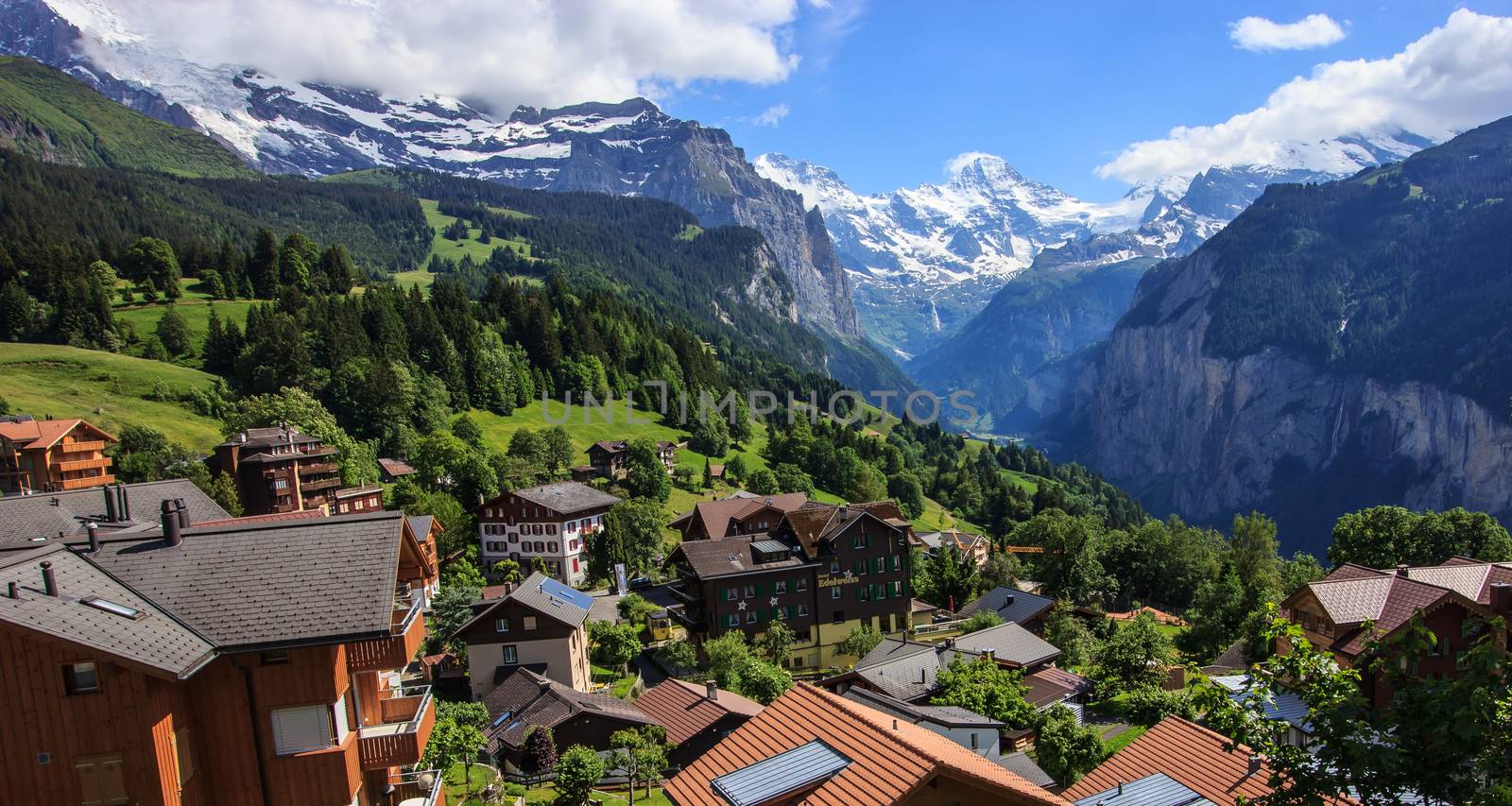 View of Wengen town, Jungfrau and Lauterbrunnen valley, Switzerland