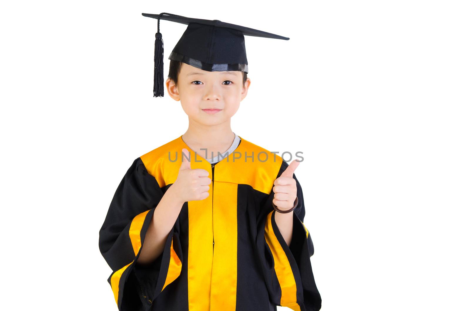 Asian kid in graduation gown in white background