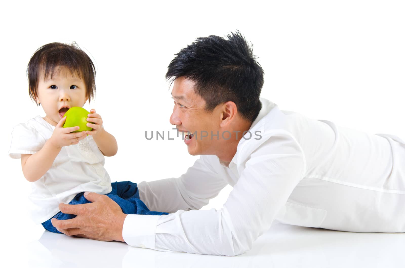 Asian father and his cute little girl isolated on white background