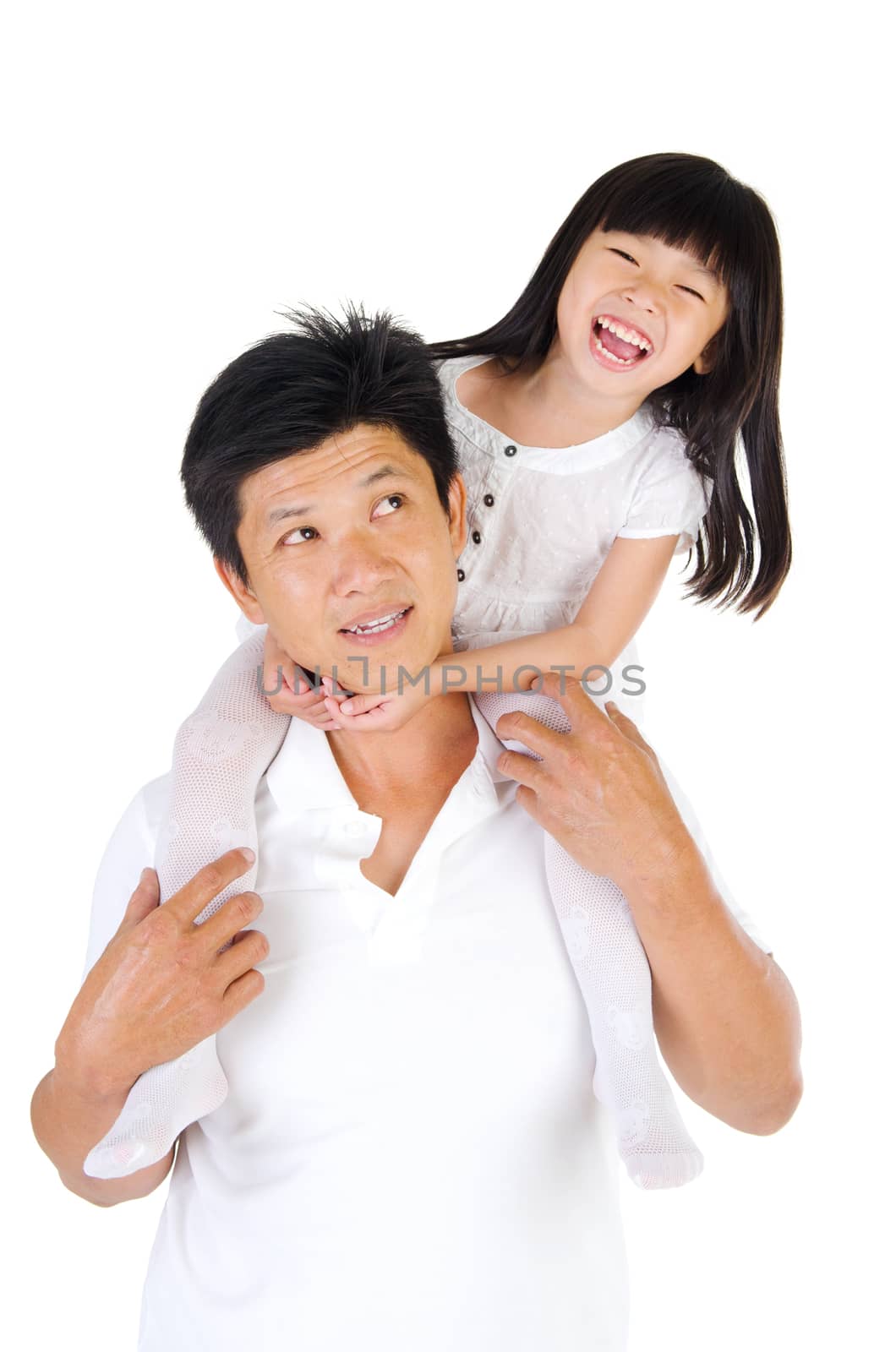 Asian father and his cute little girl isolated on white background