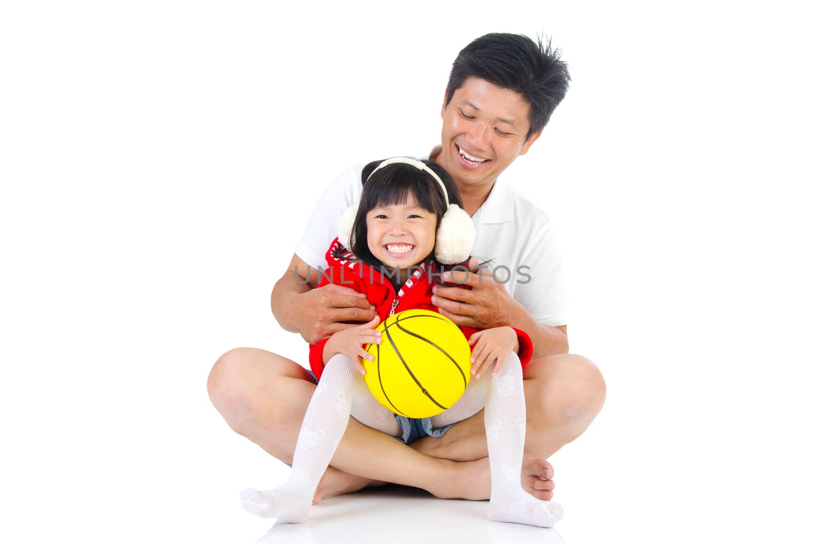 Asian father and his cute little girl isolated on white background