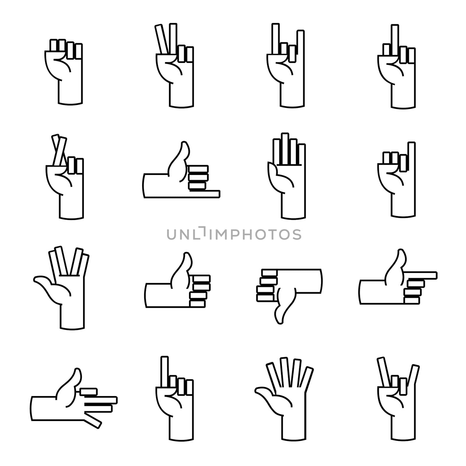  icons with a variety of hand gestures. Hand gestures and language thin line icon set.