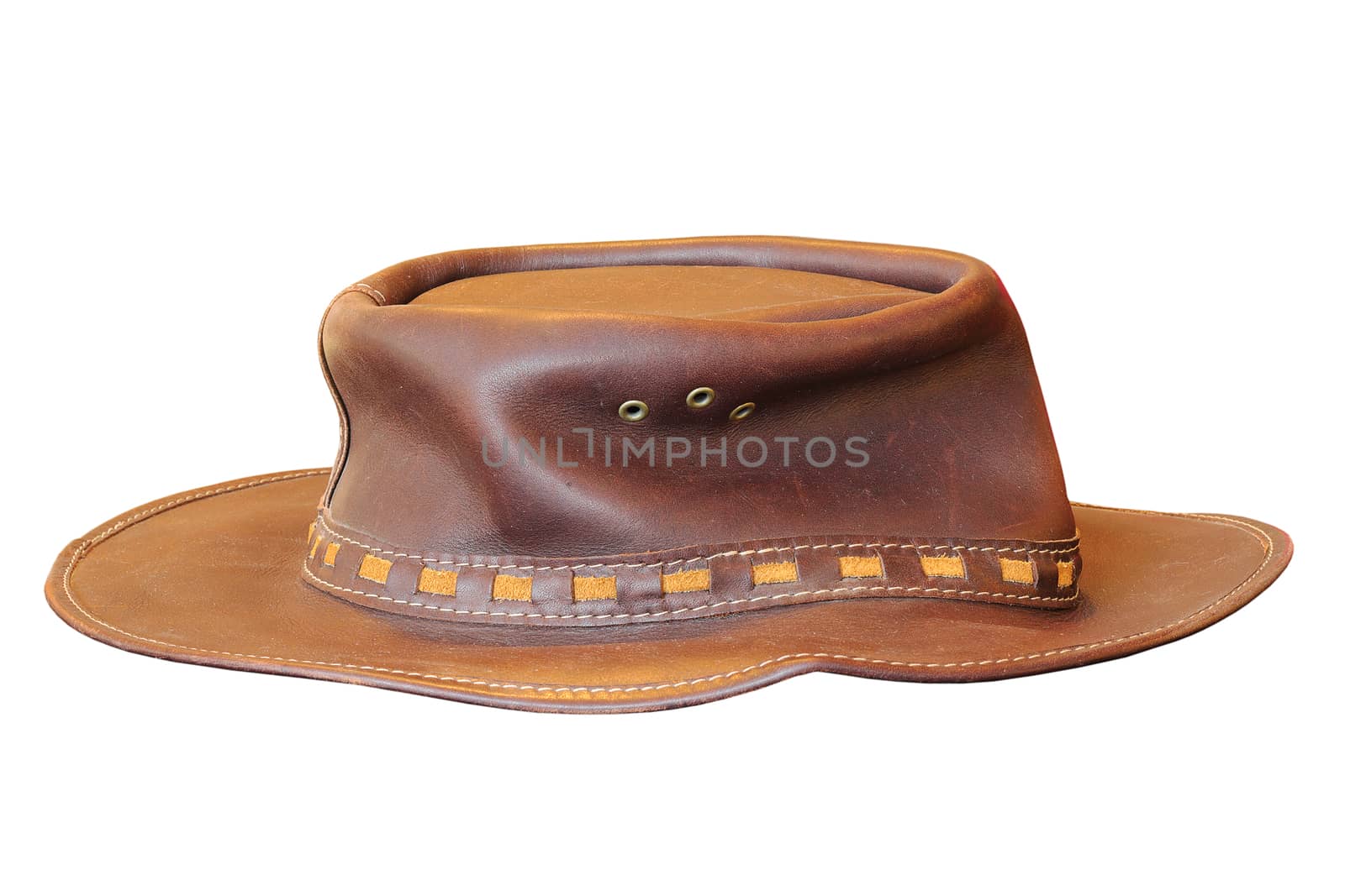 traditional leather hat over white by taviphoto