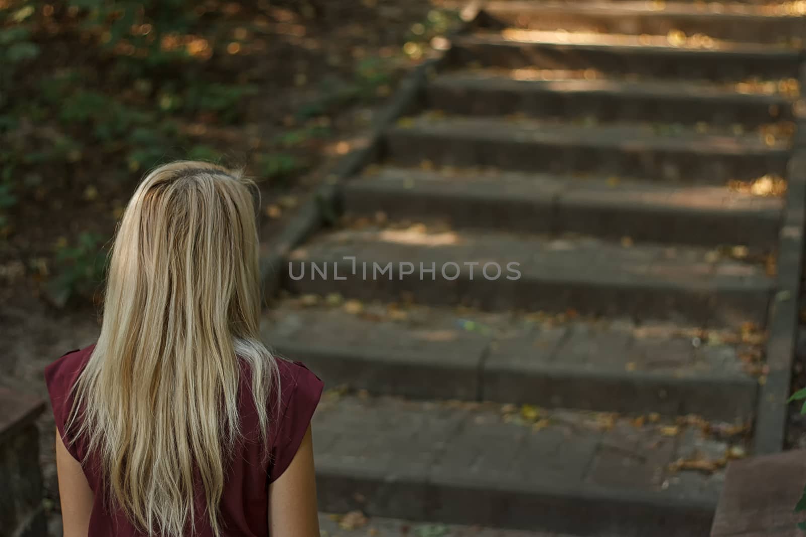 Rear view of young woman going up the stairs in the park