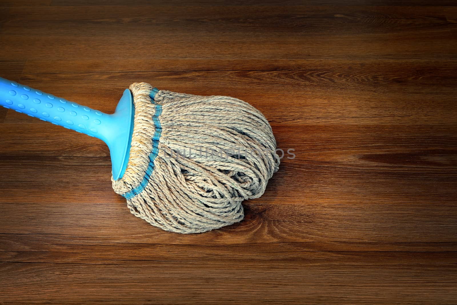 closeup of mop on the floor, cleaning interior wooden surface